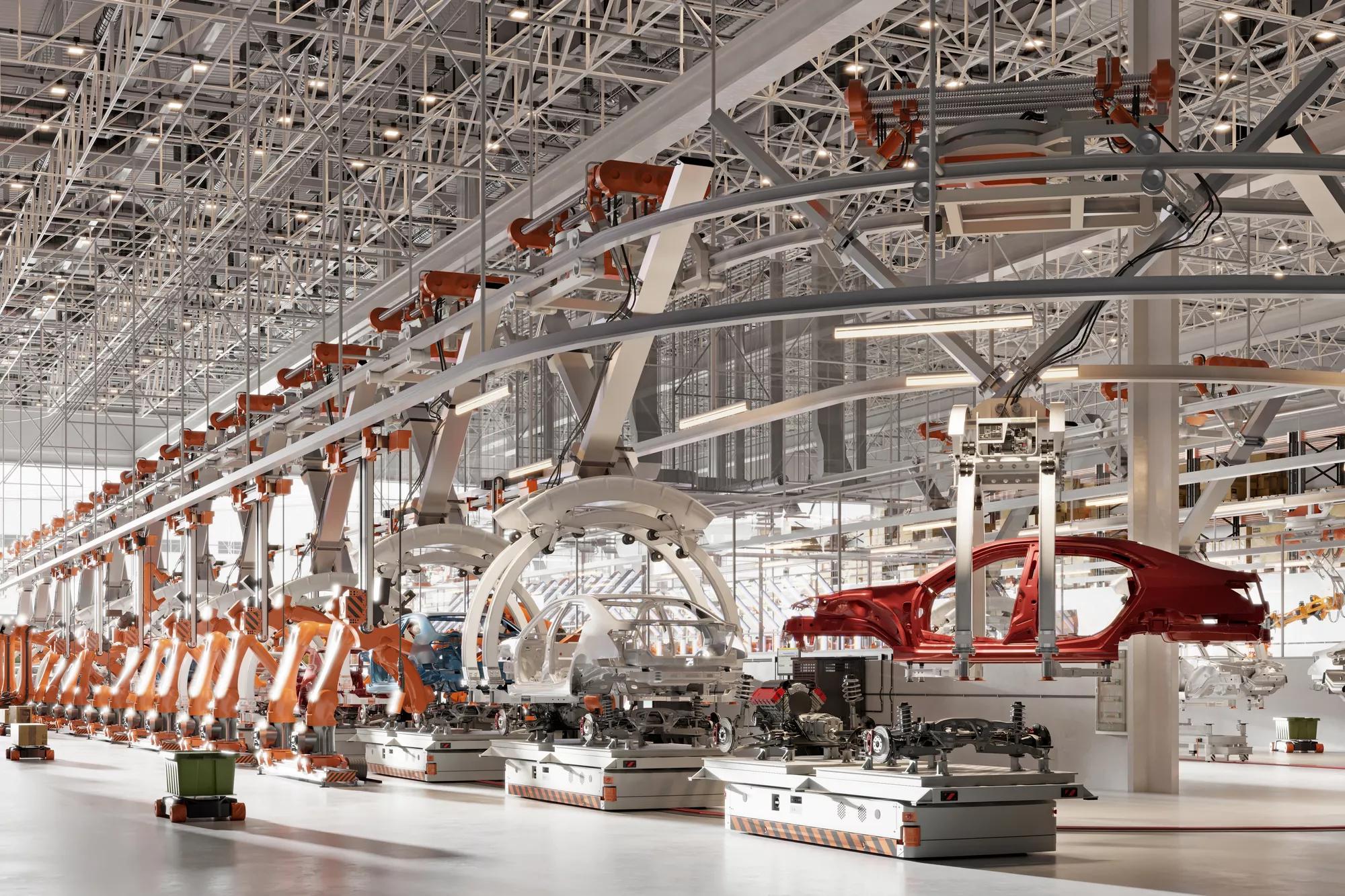 3D rendering of a car factory assembly line with body frames on conveyors — Link Logistics supports large-scale industrial warehouse operations